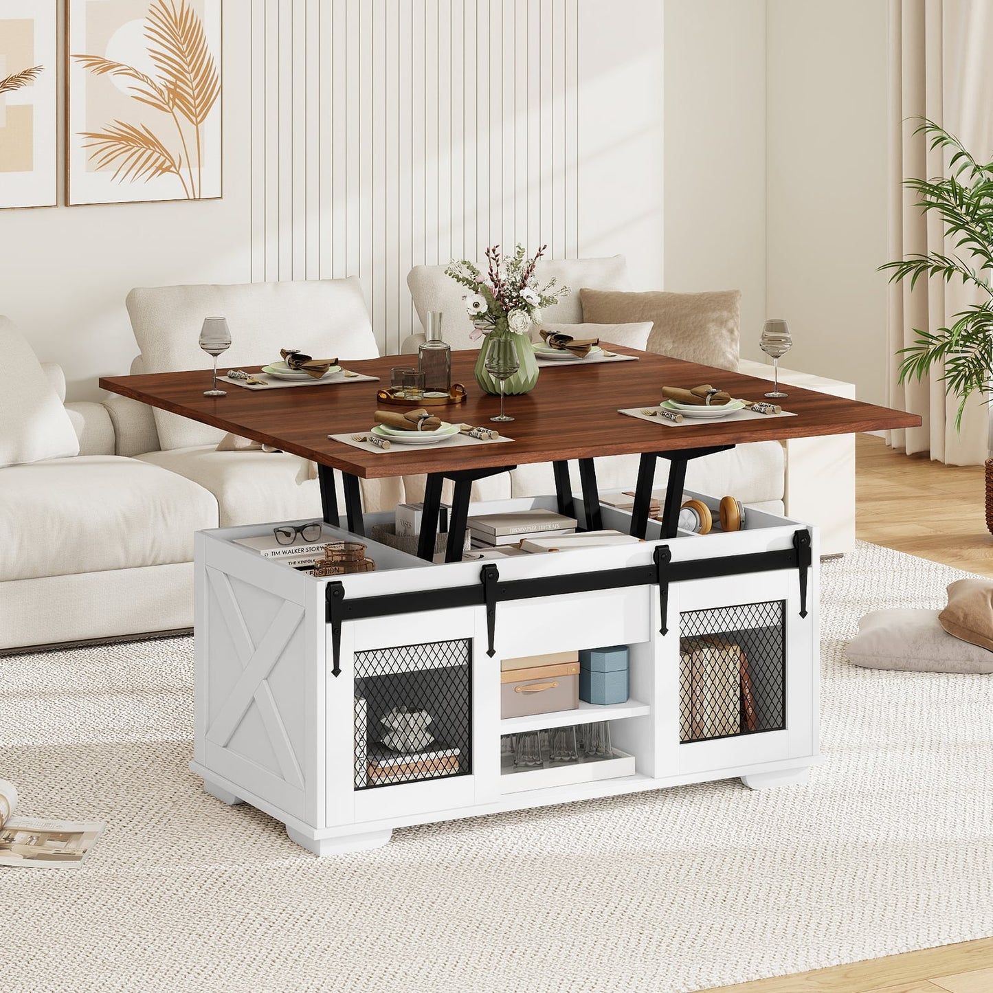 Lift Top Coffee Table with 2 Sliding Barn Doors, Walnut Coffee Tables at Gallery Canada