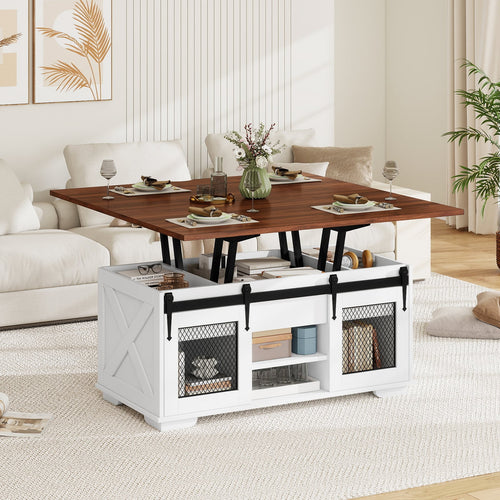 Lift Top Coffee Table with 2 Sliding Barn Doors, Walnut