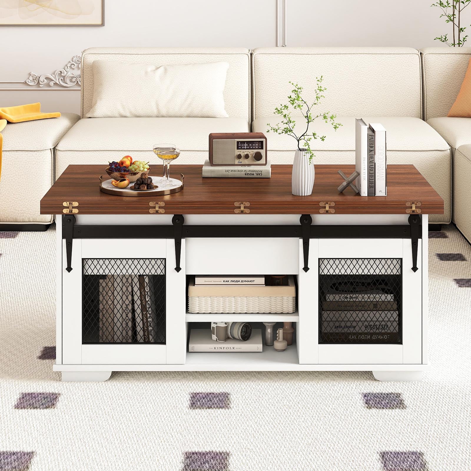 Lift Top Coffee Table with 2 Sliding Barn Doors, Walnut Coffee Tables at Gallery Canada