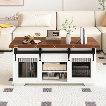 Lift Top Coffee Table with 2 Sliding Barn Doors, Walnut Coffee Tables at Gallery Canada