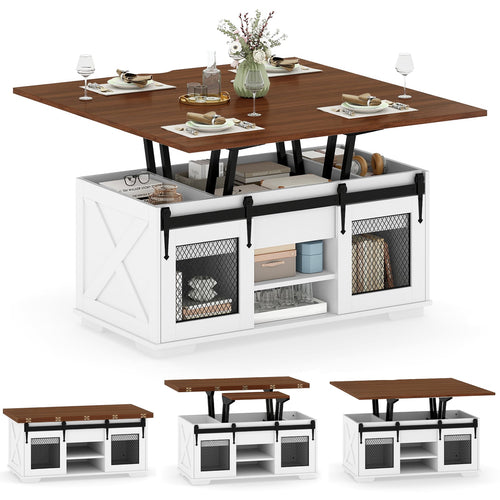 Lift Top Coffee Table with 2 Sliding Barn Doors, Walnut