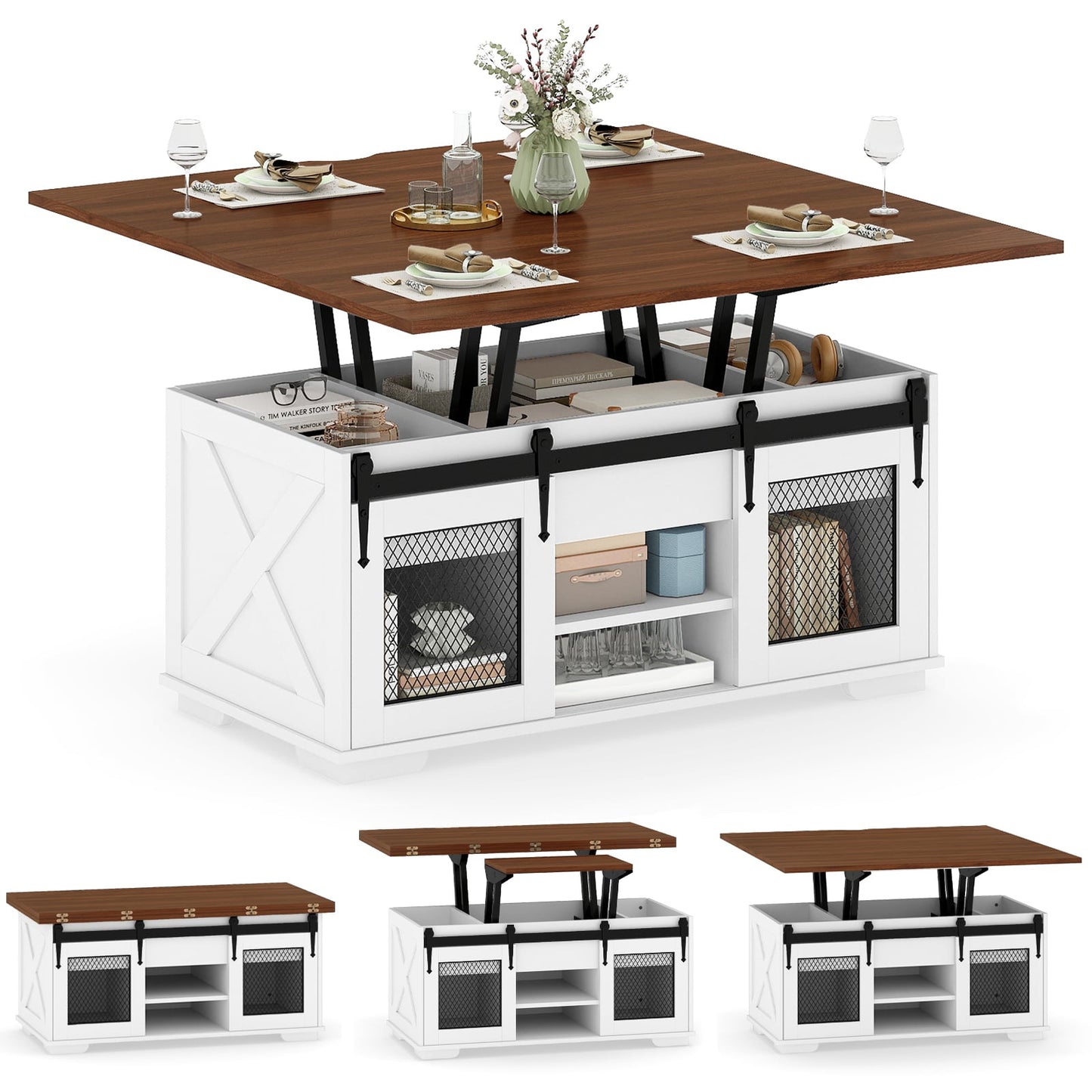 Lift Top Coffee Table with 2 Sliding Barn Doors, Walnut Coffee Tables at Gallery Canada