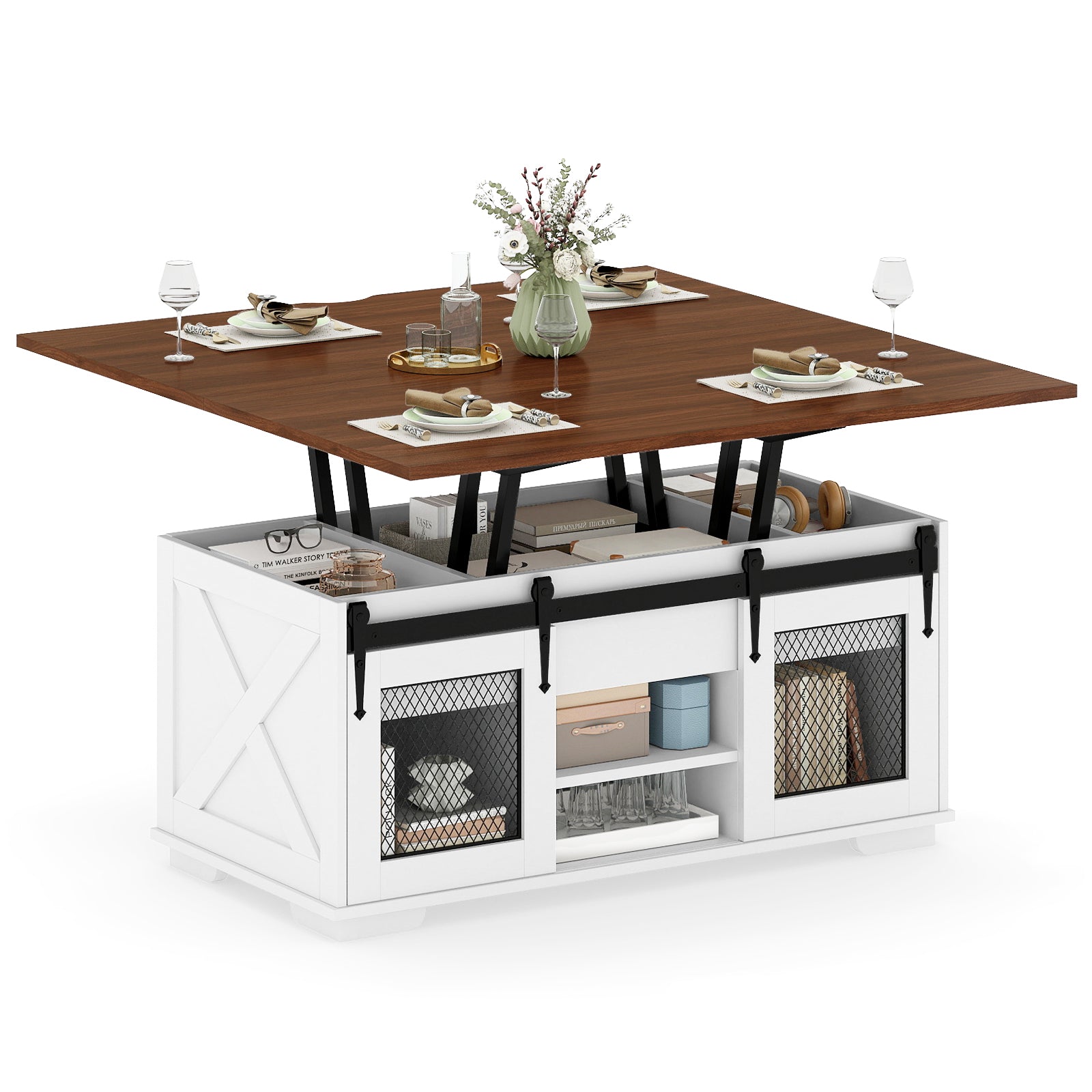 Lift Top Coffee Table with 2 Sliding Barn Doors, Walnut Coffee Tables at Gallery Canada