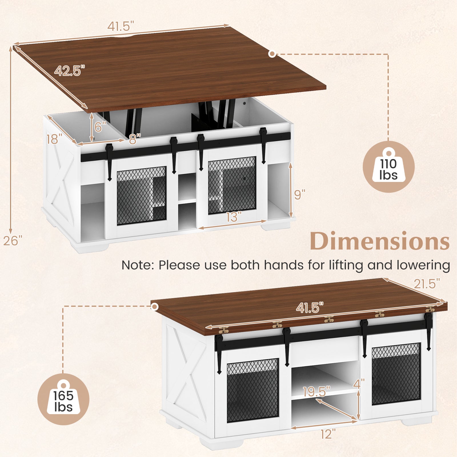 Lift Top Coffee Table with 2 Sliding Barn Doors, Walnut Coffee Tables at Gallery Canada