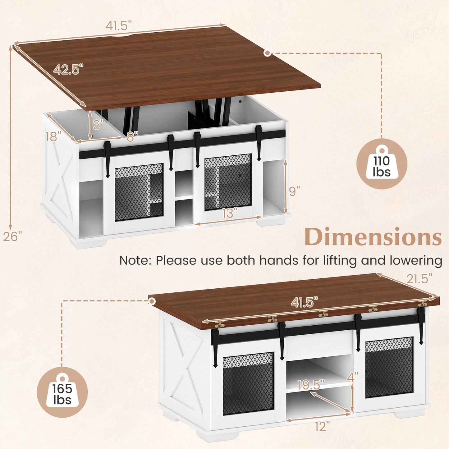 Lift Top Coffee Table with 2 Sliding Barn Doors, Walnut Coffee Tables at Gallery Canada