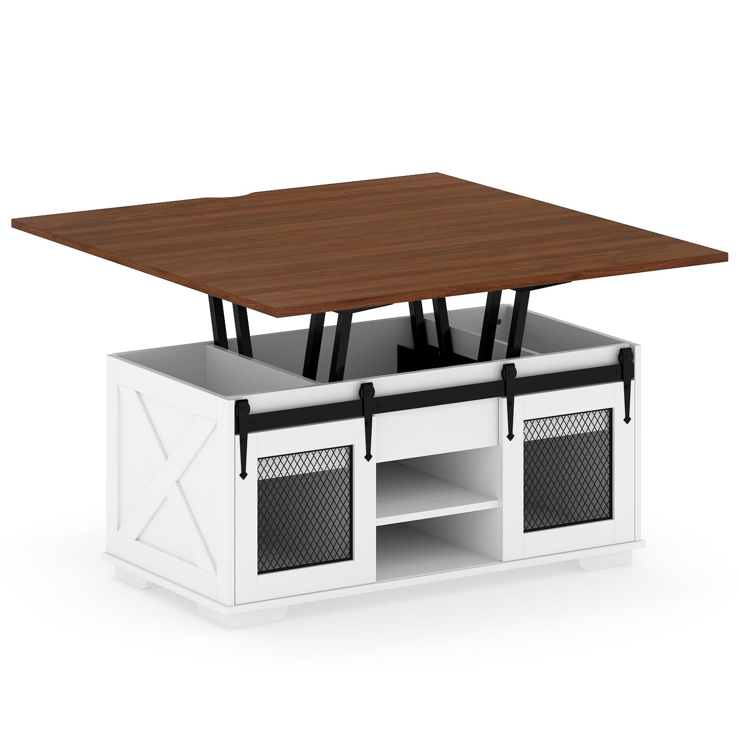 Lift Top Coffee Table with 2 Sliding Barn Doors, Walnut Coffee Tables at Gallery Canada