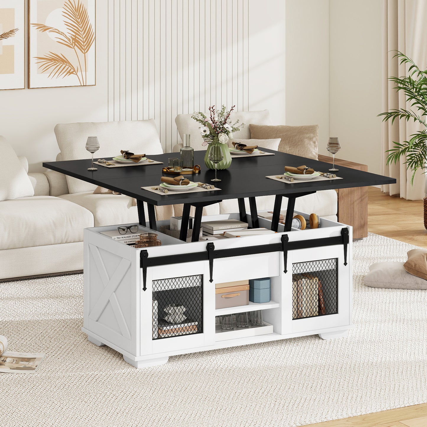 Lift Top Coffee Table with 2 Sliding Barn Doors, Black Coffee Tables at Gallery Canada
