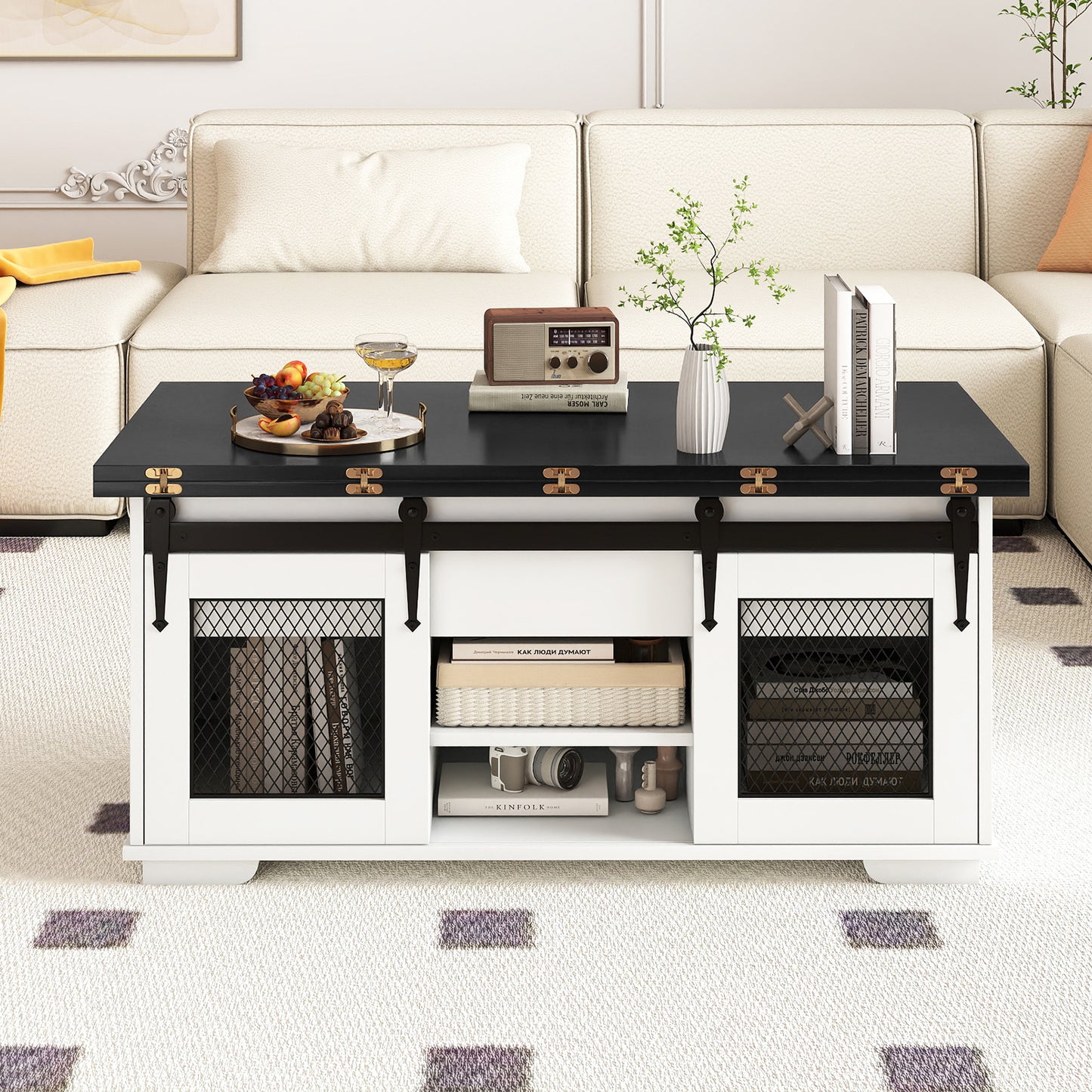 Lift Top Coffee Table with 2 Sliding Barn Doors, Black Coffee Tables at Gallery Canada