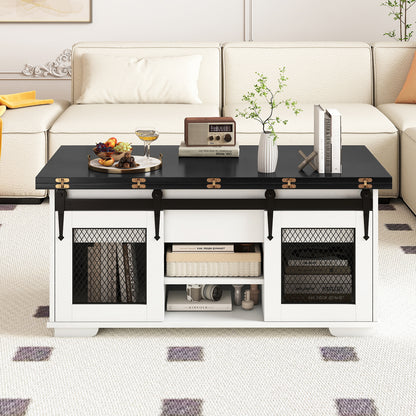 Lift Top Coffee Table with 2 Sliding Barn Doors, Black Coffee Tables at Gallery Canada