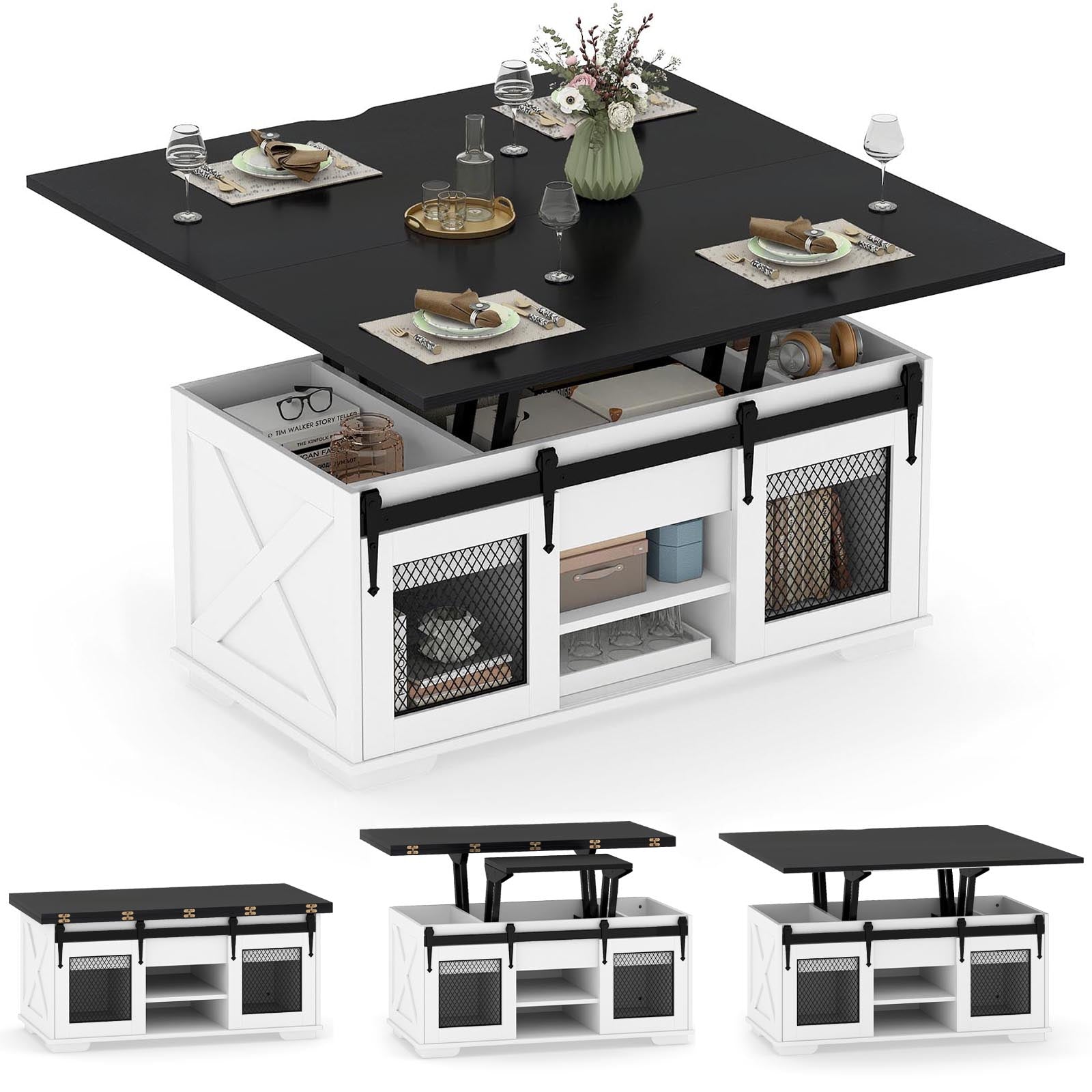 Lift Top Coffee Table with 2 Sliding Barn Doors, Black Coffee Tables Black at Gallery Canada