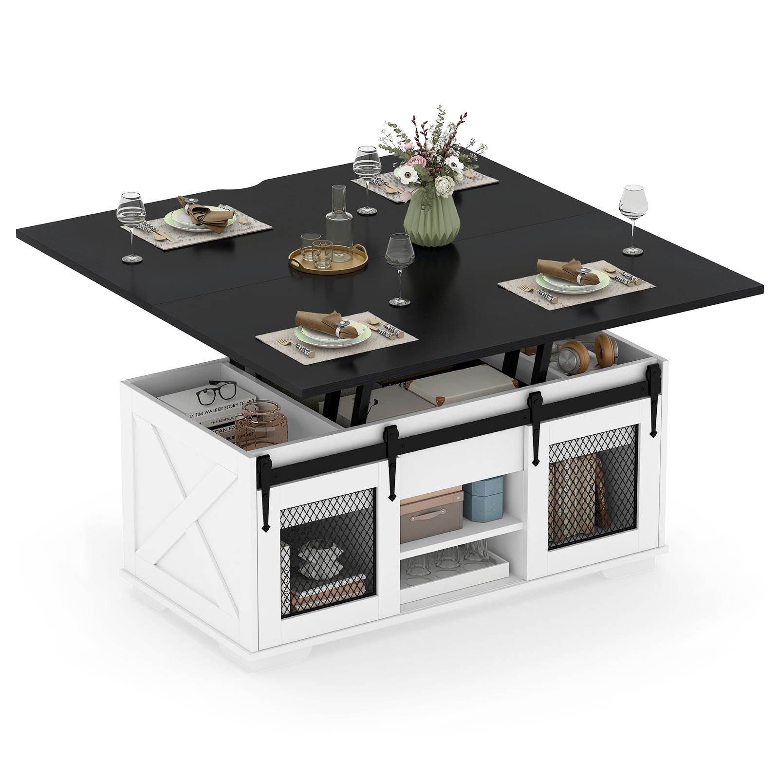 Lift Top Coffee Table with 2 Sliding Barn Doors, Black Coffee Tables at Gallery Canada