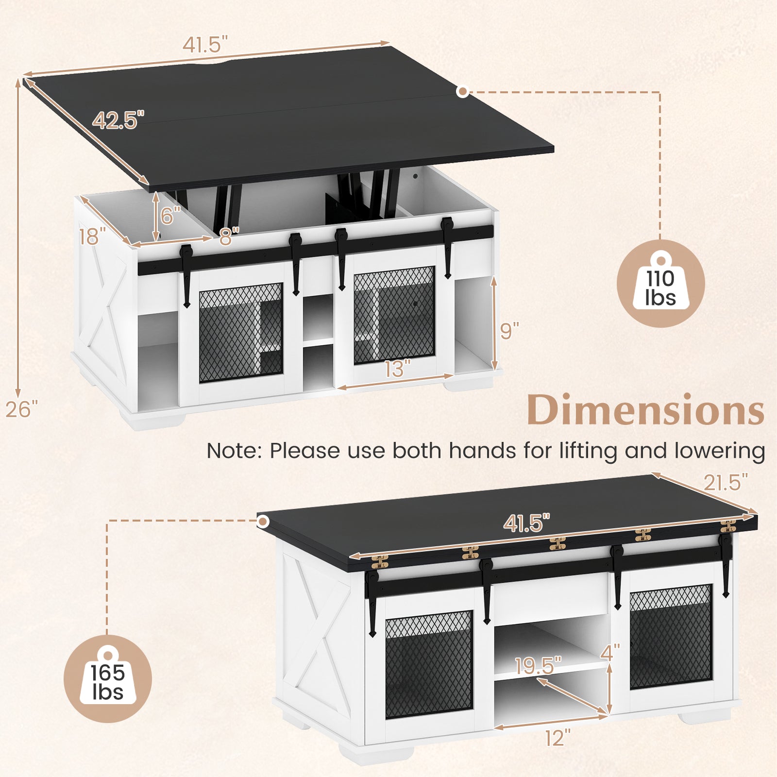 Lift Top Coffee Table with 2 Sliding Barn Doors, Black Coffee Tables at Gallery Canada