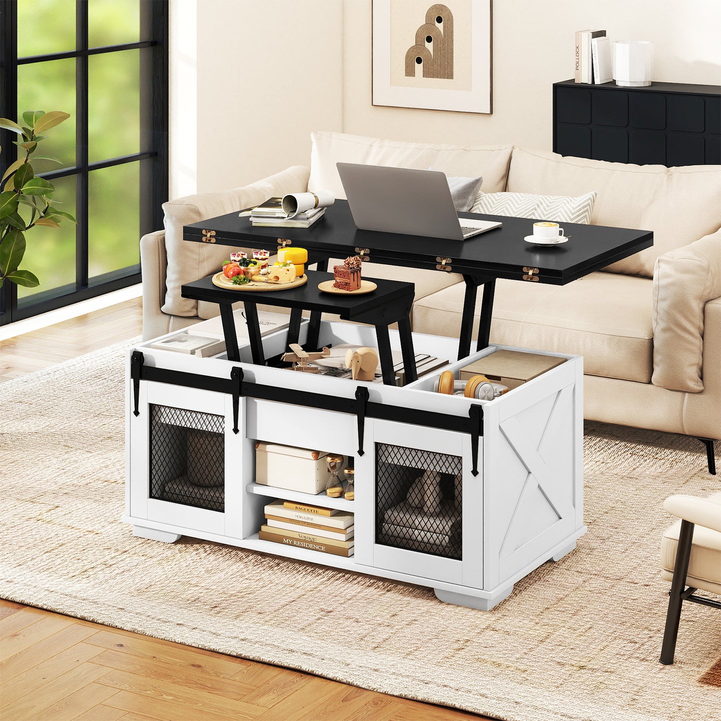 Lift Top Coffee Table with 2 Sliding Barn Doors, Black Coffee Tables at Gallery Canada