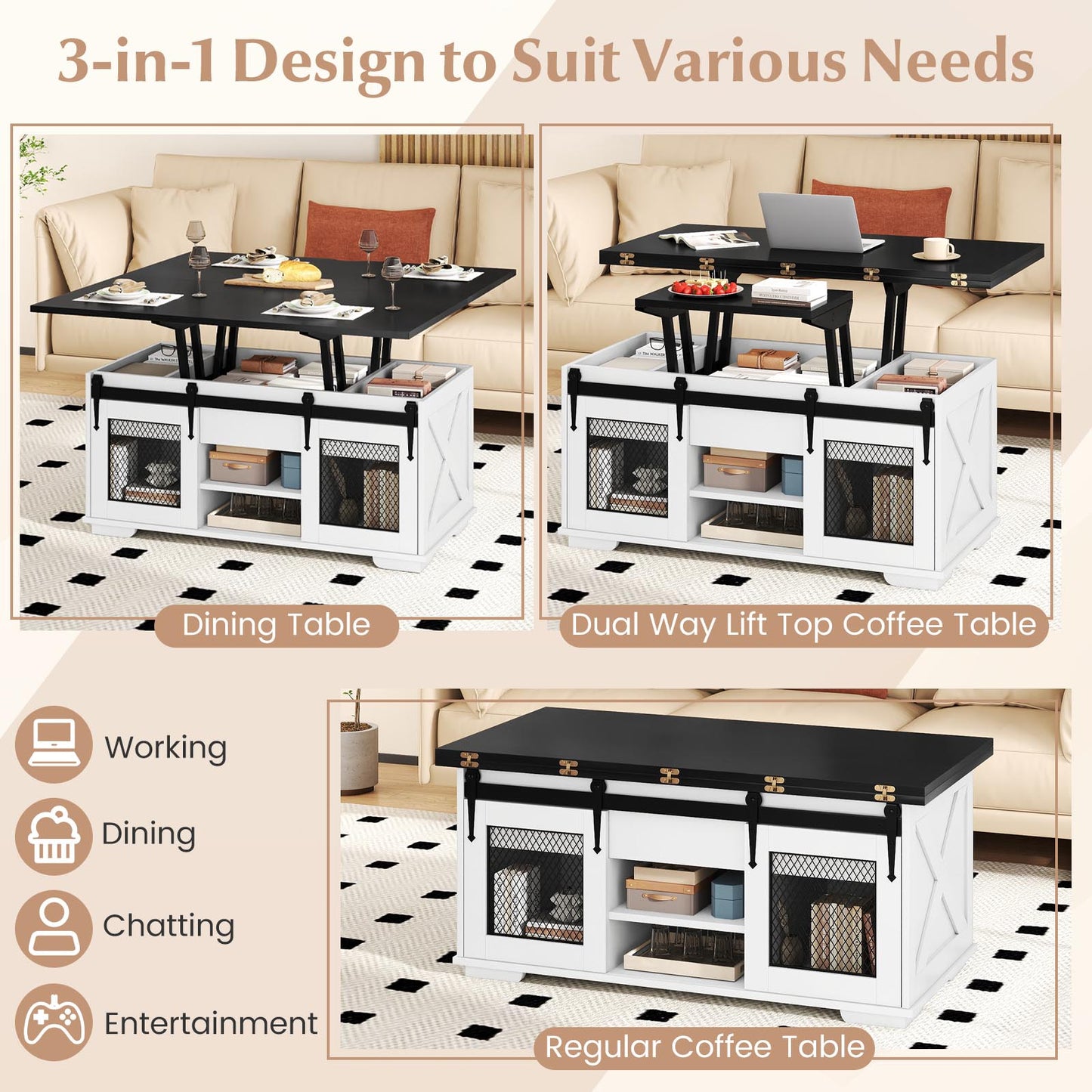 Lift Top Coffee Table with 2 Sliding Barn Doors, Black Coffee Tables at Gallery Canada