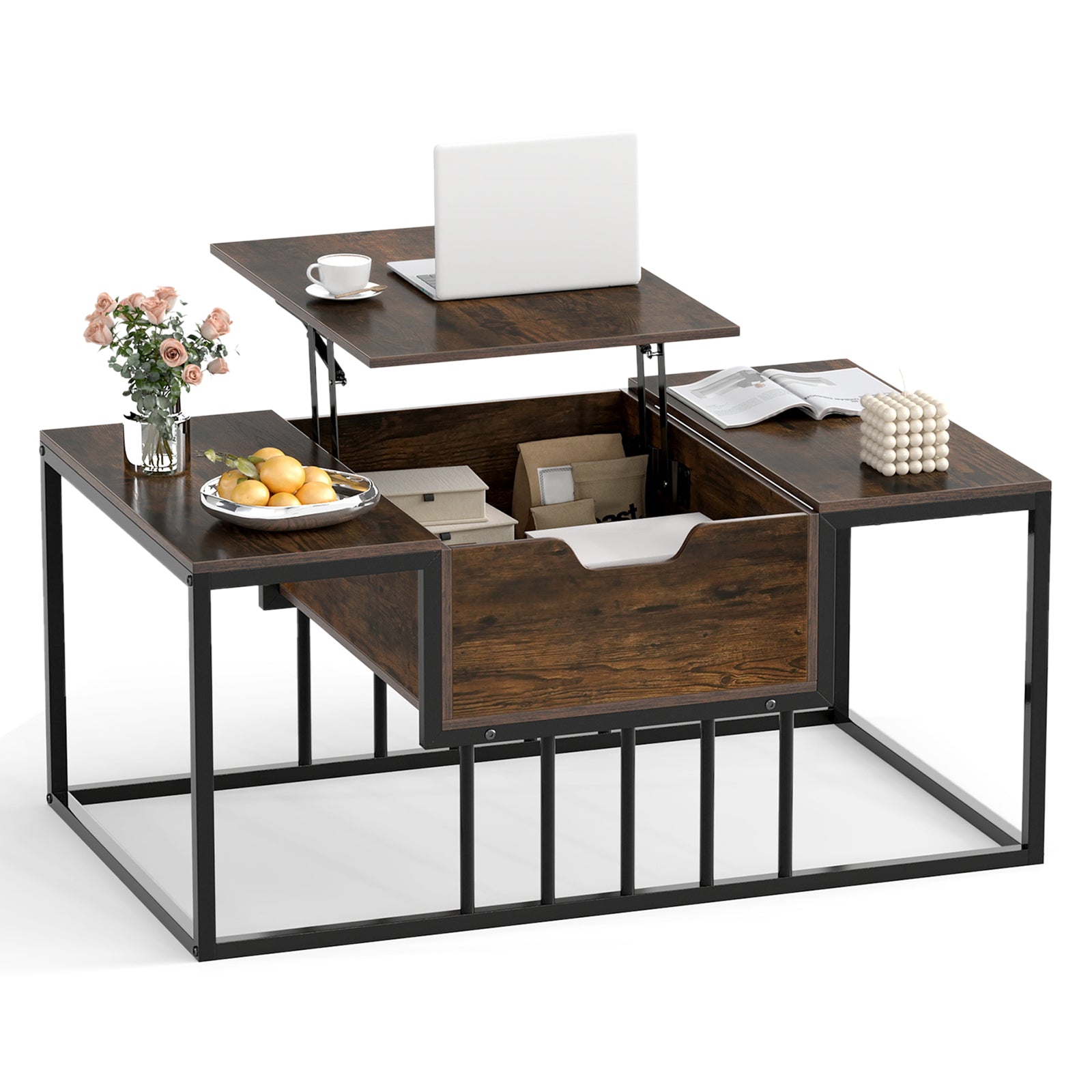 Lift Top Coffee Table with Hidden Storage, Rustic Brown Coffee Tables Rustic Brown at Gallery Canada