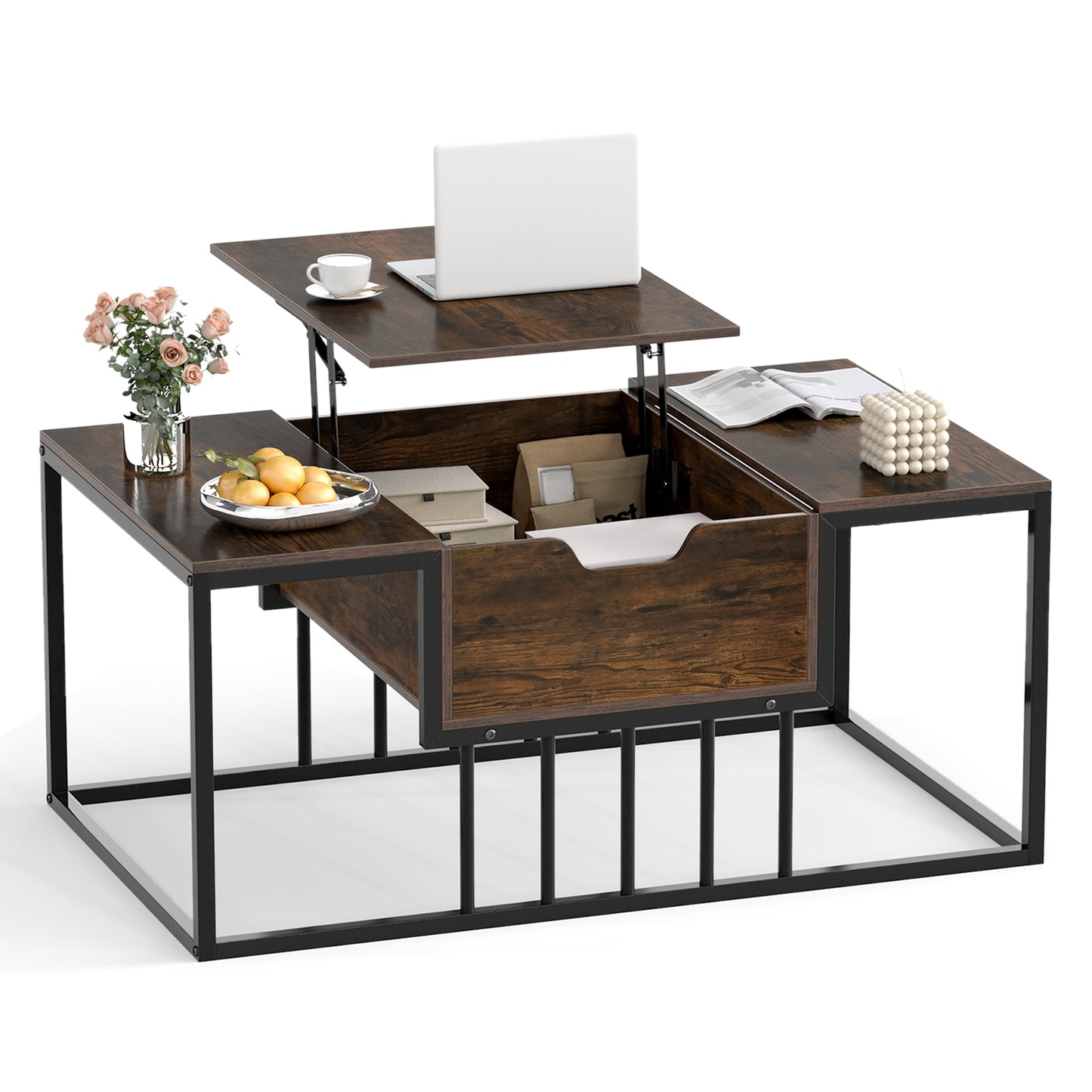 Lift Top Coffee Table with Hidden Storage, Rustic Brown Coffee Tables Rustic Brown at Gallery Canada