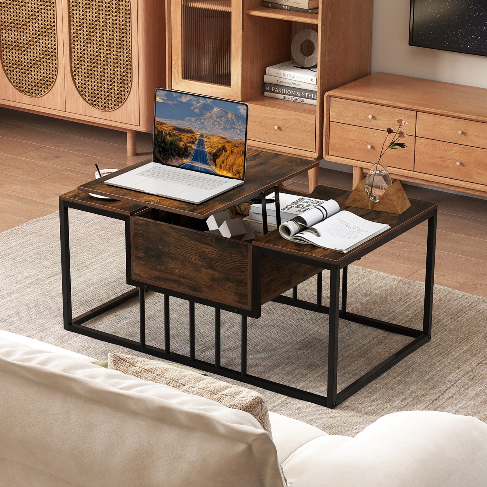 Lift Top Coffee Table with Hidden Storage, Rustic Brown Coffee Tables at Gallery Canada