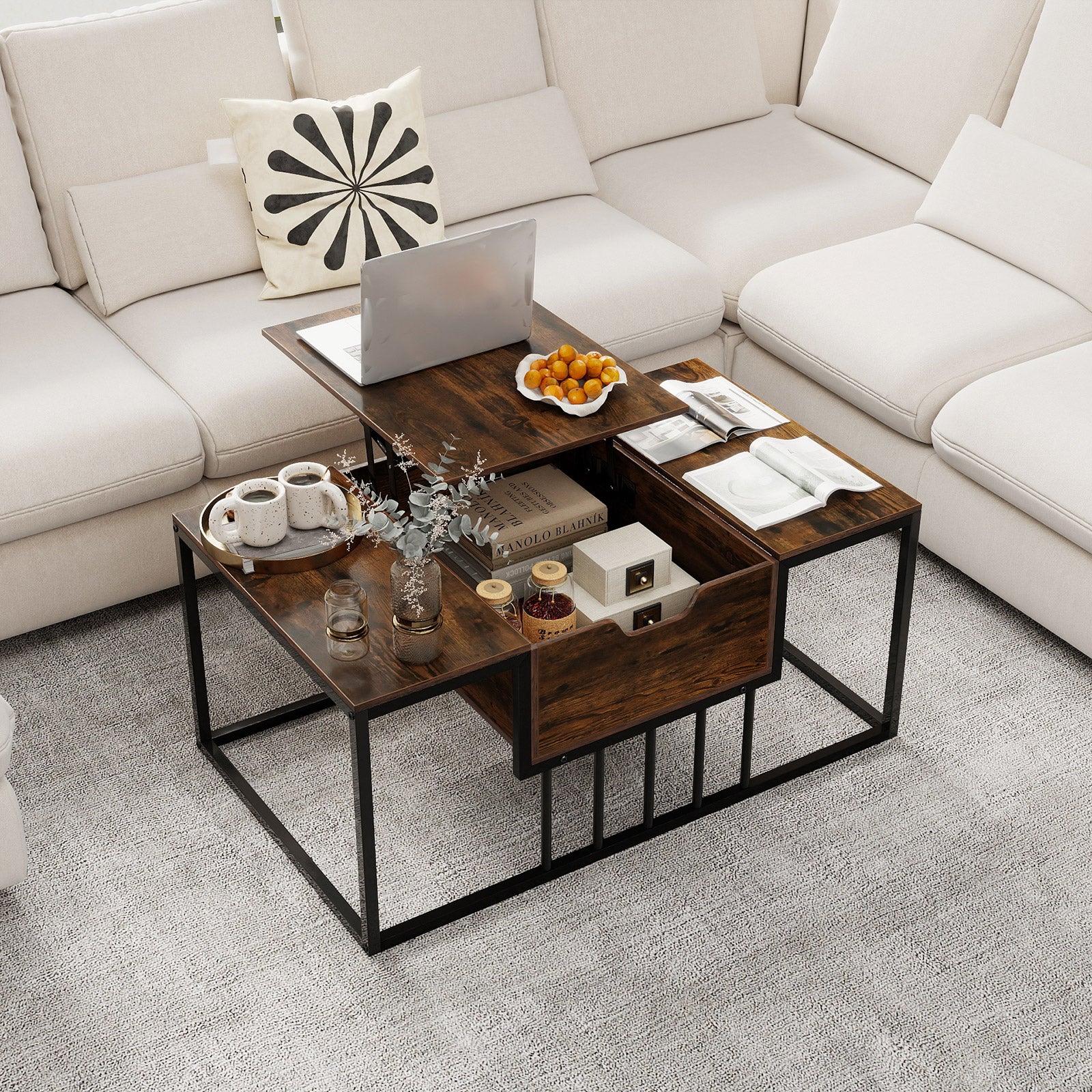 Lift Top Coffee Table with Hidden Storage, Rustic Brown Coffee Tables at Gallery Canada