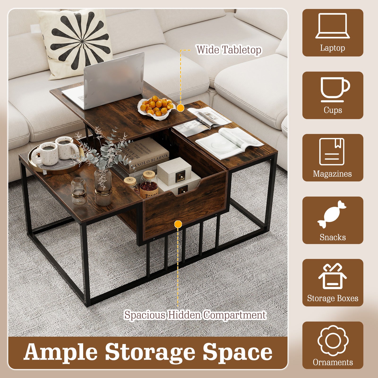 Lift Top Coffee Table with Hidden Storage, Rustic Brown Coffee Tables at Gallery Canada