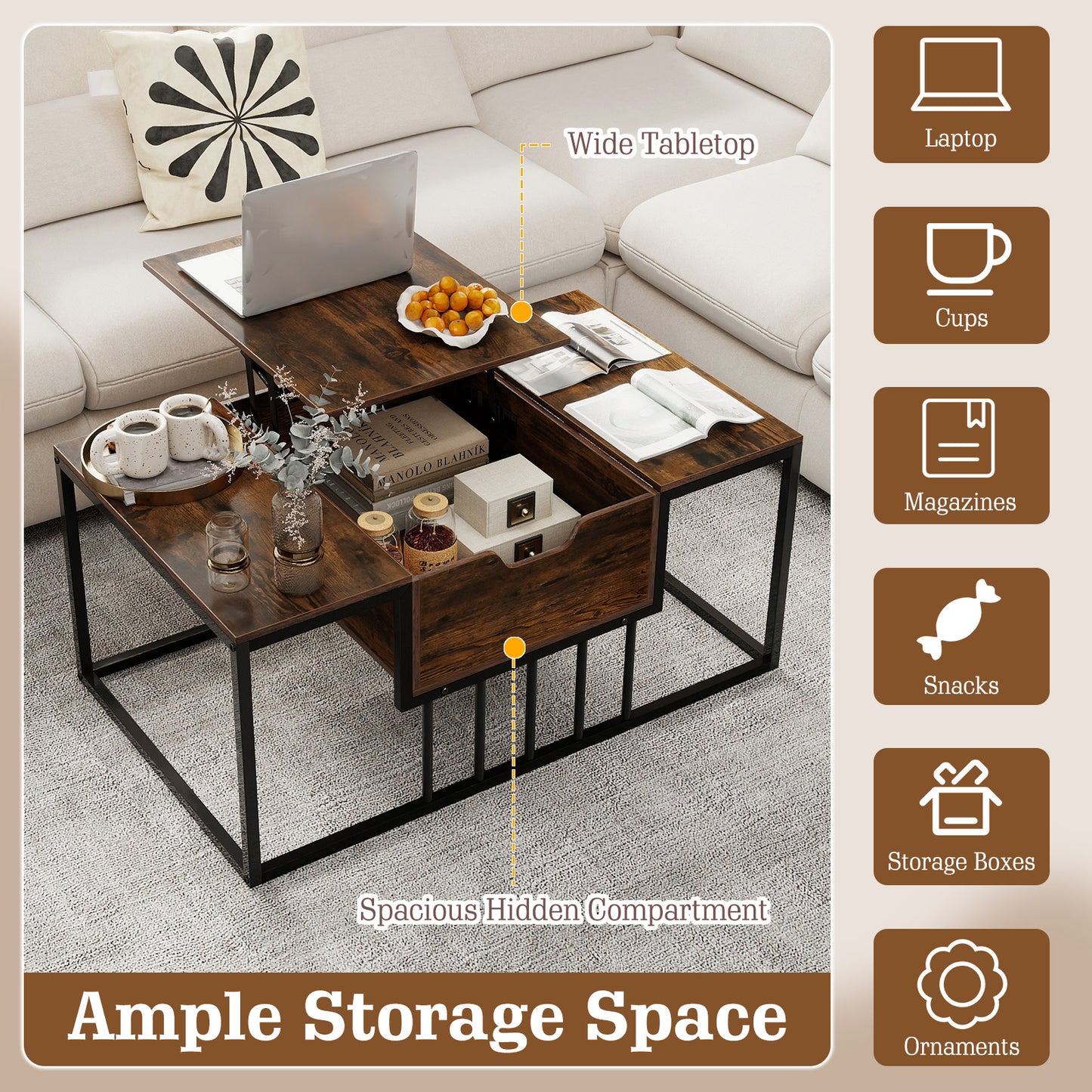 Lift Top Coffee Table with Hidden Storage, Rustic Brown Coffee Tables at Gallery Canada