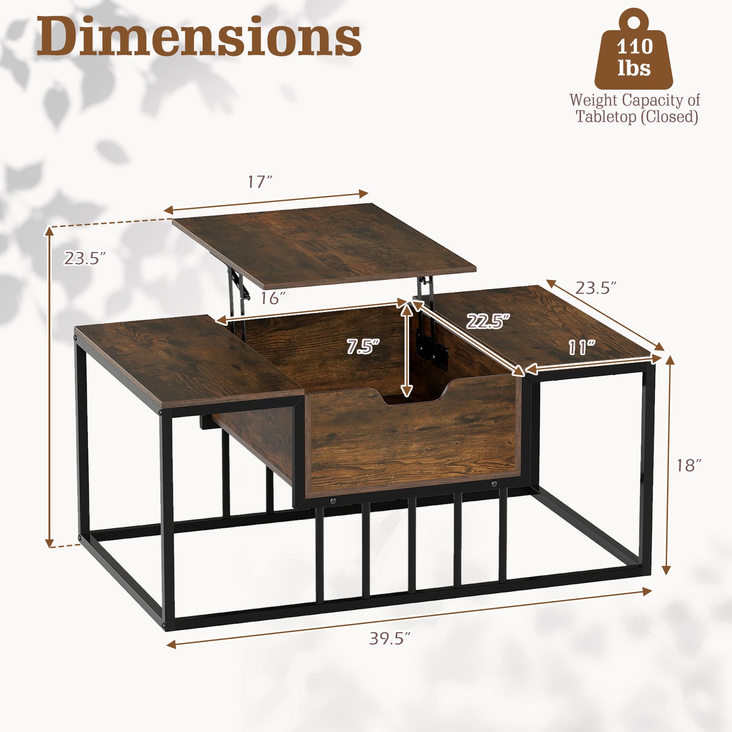 Lift Top Coffee Table with Hidden Storage, Rustic Brown Coffee Tables at Gallery Canada
