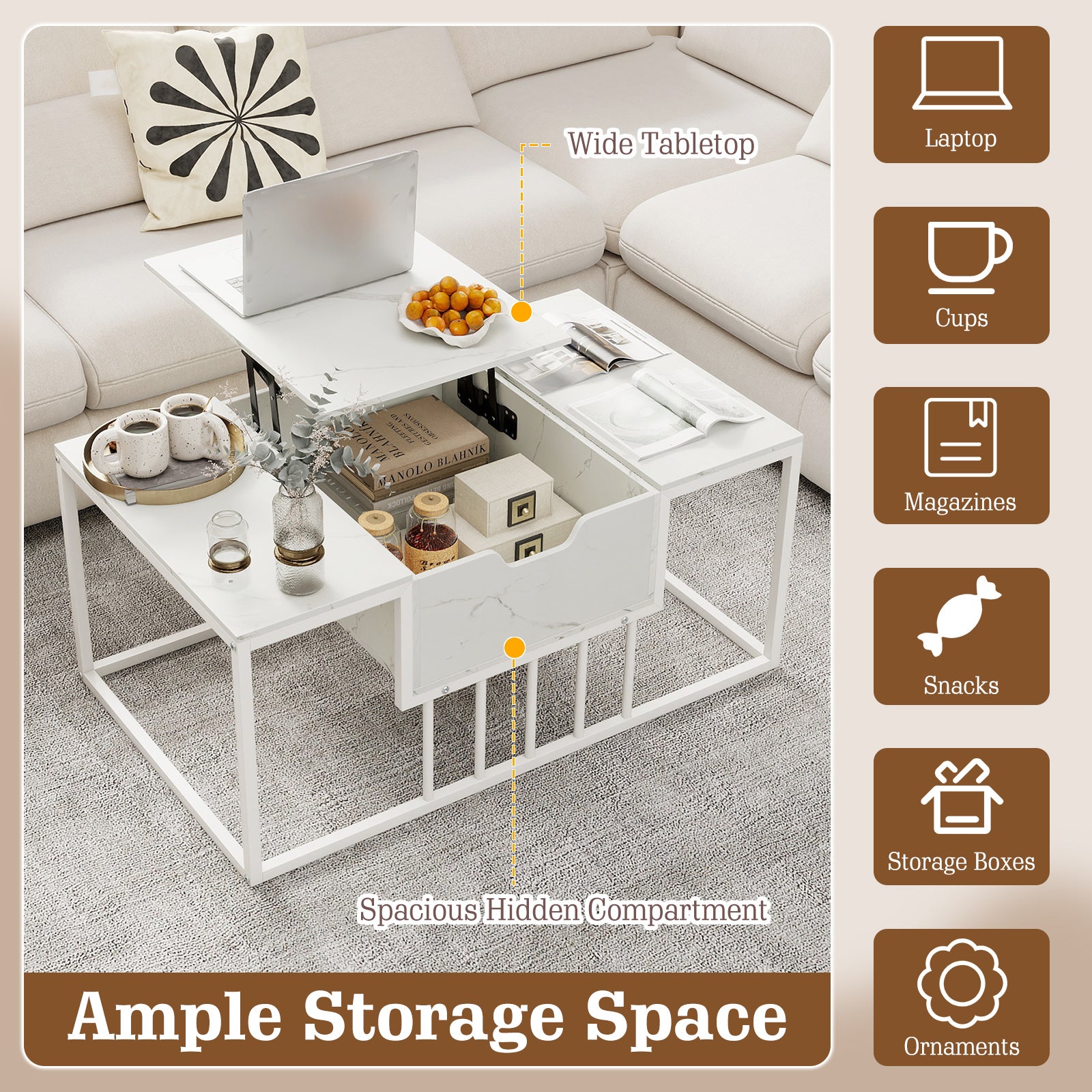 Lift Top Coffee Table With Hidden Storage, White Coffee Tables at Gallery Canada