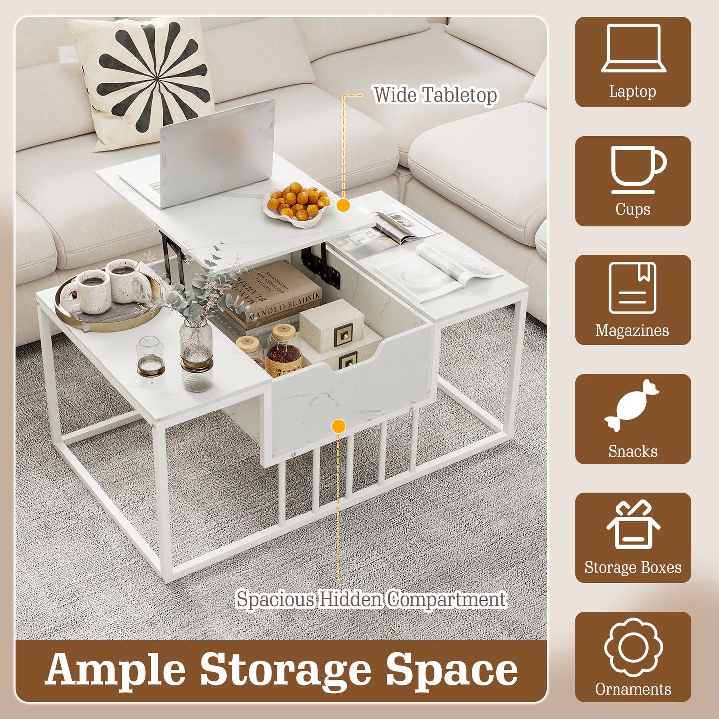 Lift Top Coffee Table With Hidden Storage, White Coffee Tables at Gallery Canada