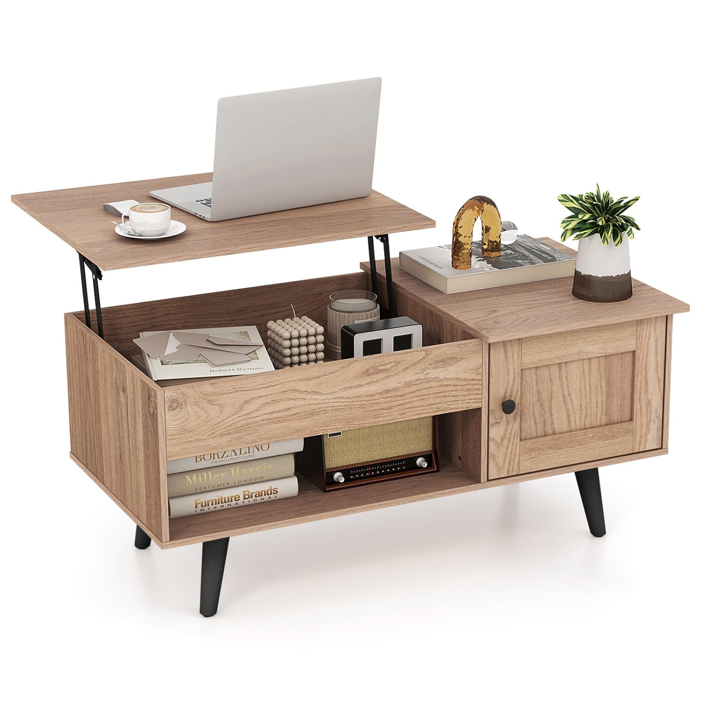 Table basse à plateau relevable, rangement, compartiment caché, naturel