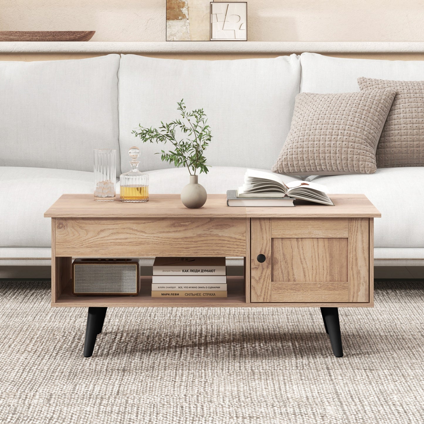 Table basse à plateau relevable, rangement, compartiment caché, naturel
