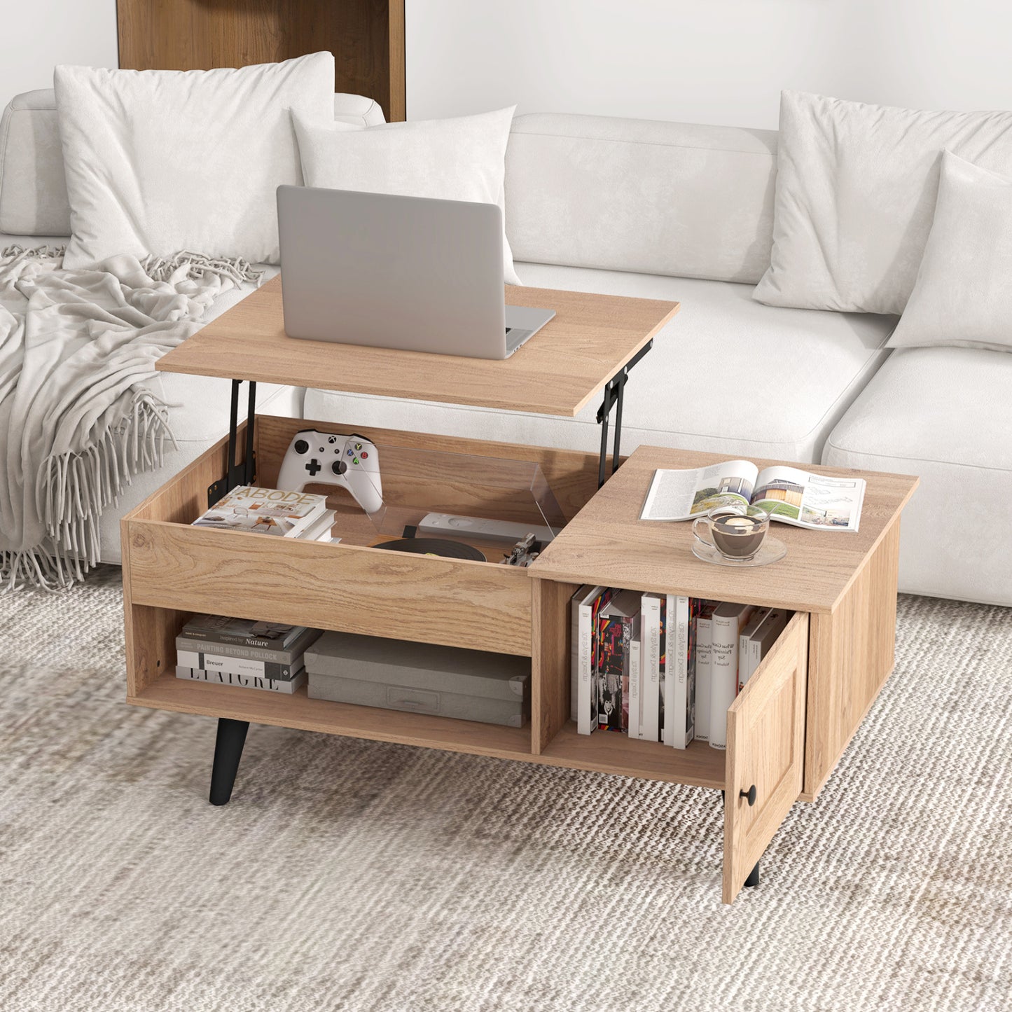 Table basse à plateau relevable, rangement, compartiment caché, naturel