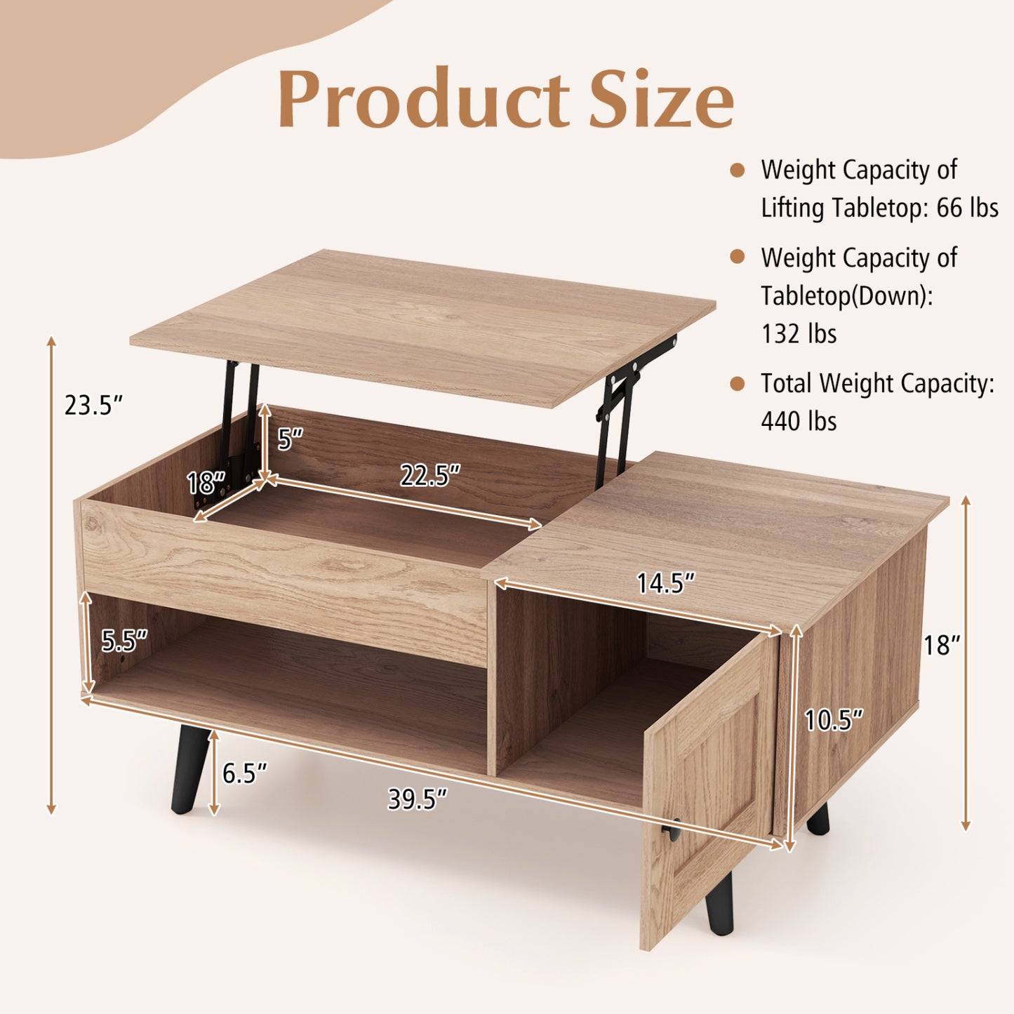Table basse à plateau relevable, rangement, compartiment caché, naturel