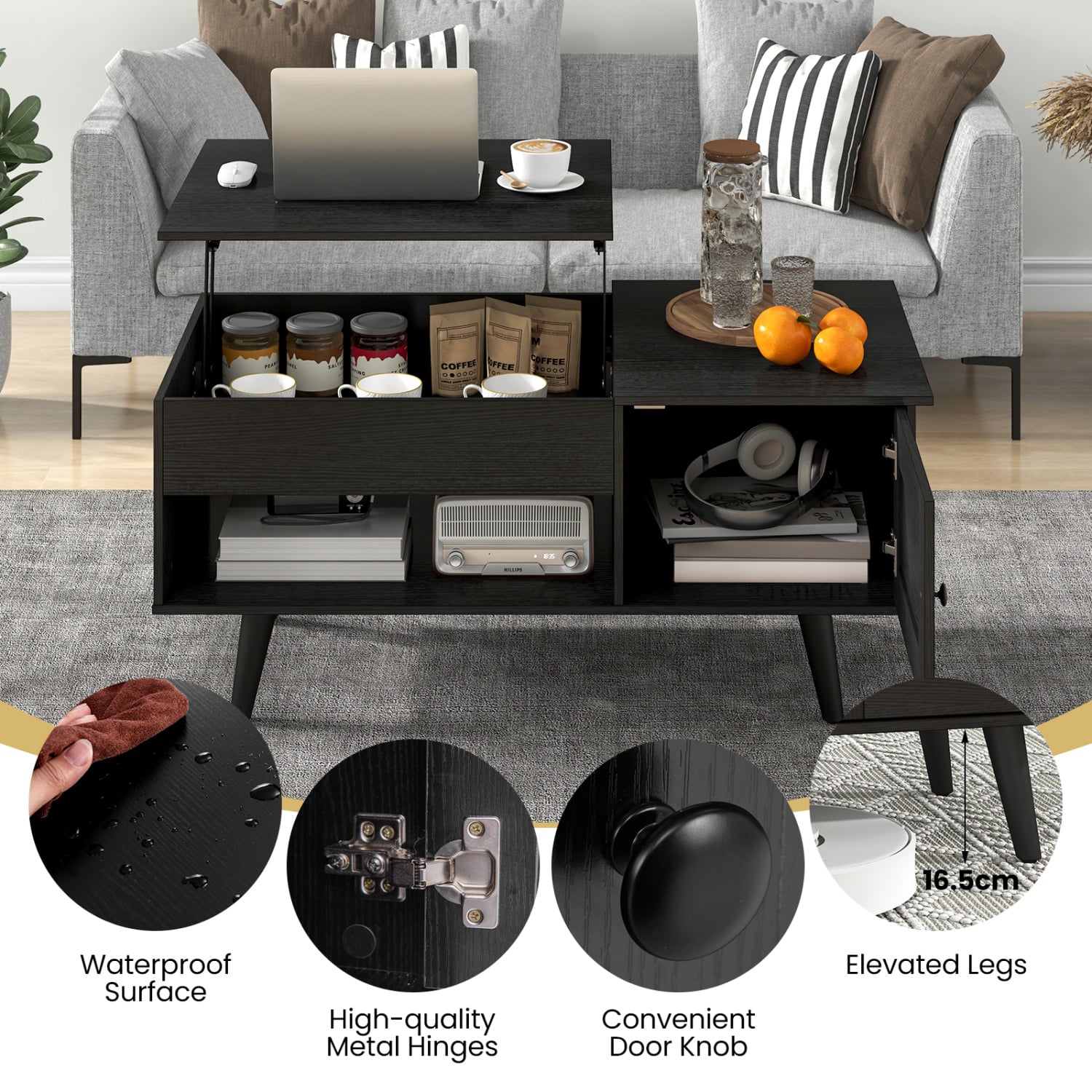 Lift Top Coffee Table With Storage, Hidden Compartment, Black Coffee Tables at Gallery Canada
