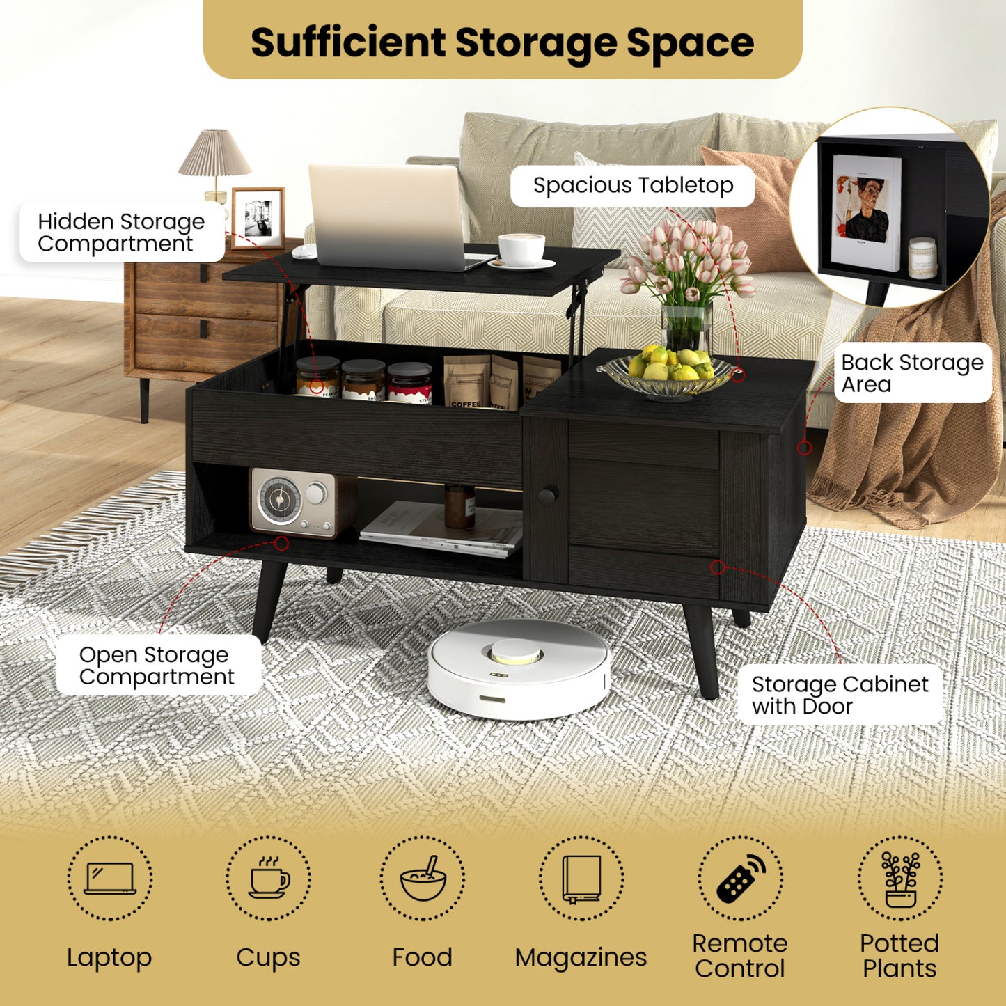 Lift Top Coffee Table With Storage, Hidden Compartment, Black Coffee Tables at Gallery Canada