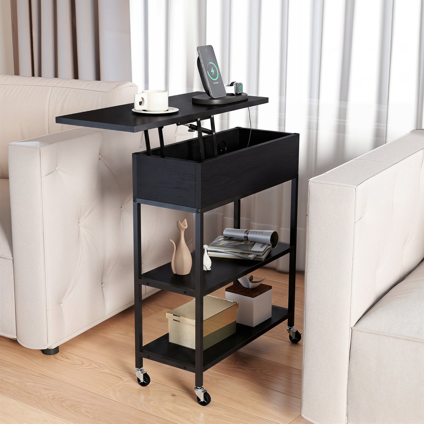 Lift Top End Table With Charging Station, Black