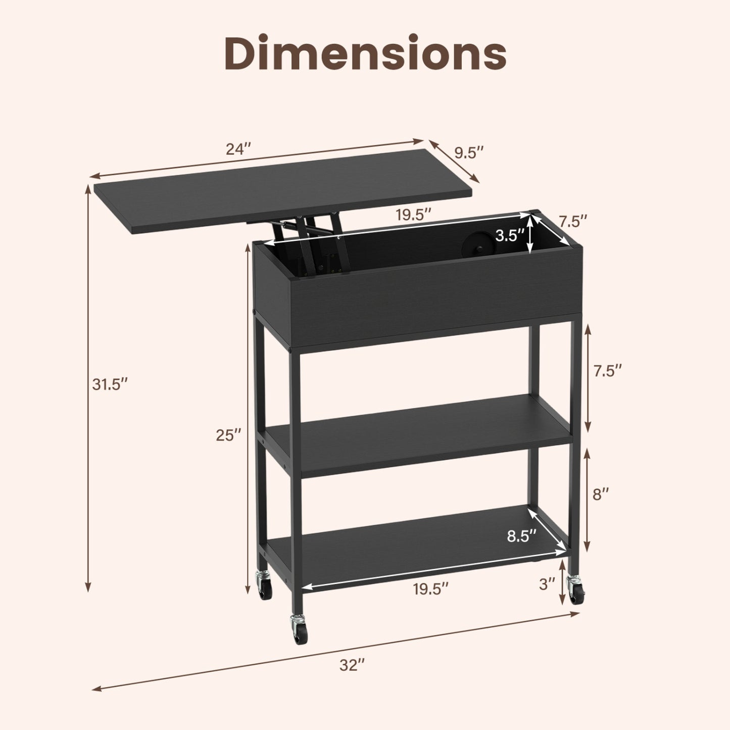 Lift Top End Table With Charging Station, Black