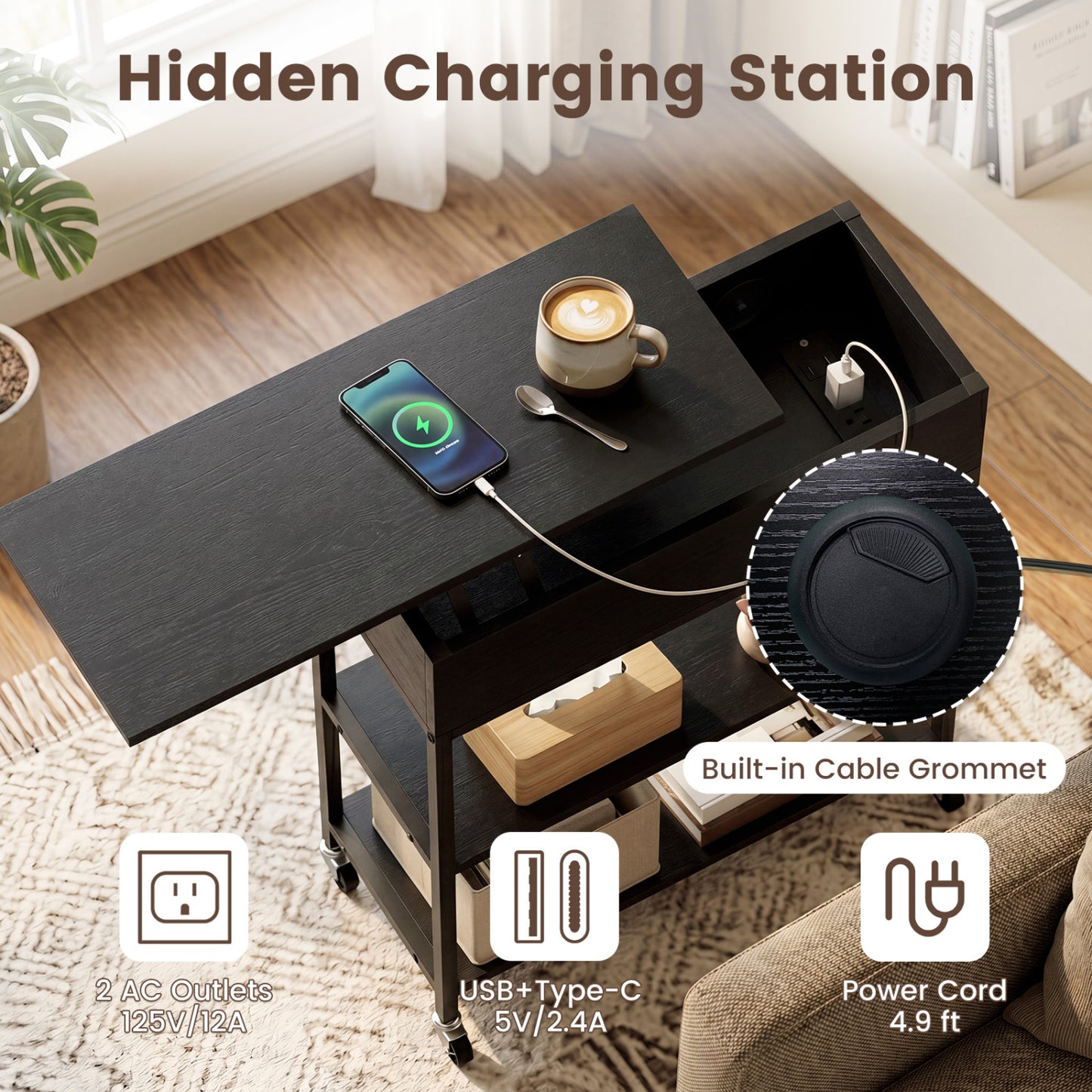 Lift Top End Table With Charging Station, Black