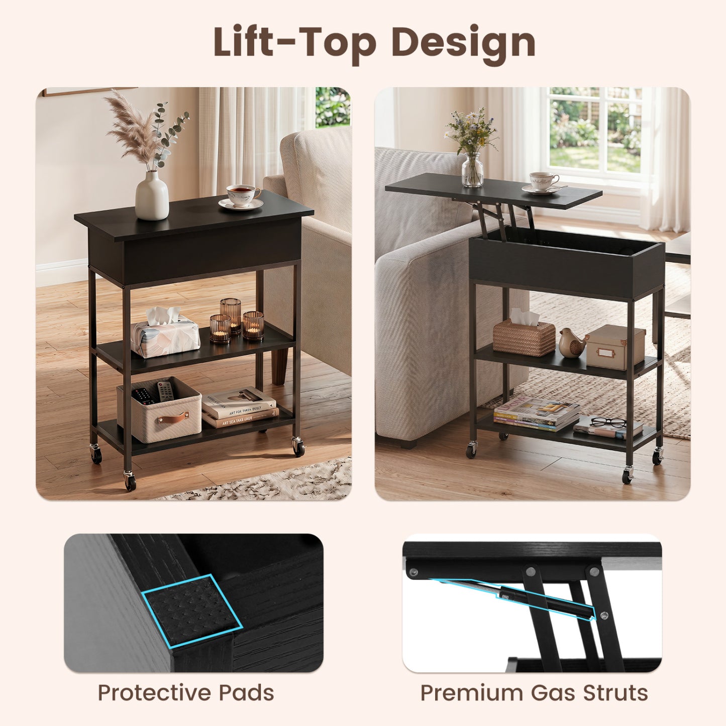 Lift Top End Table With Charging Station, Black