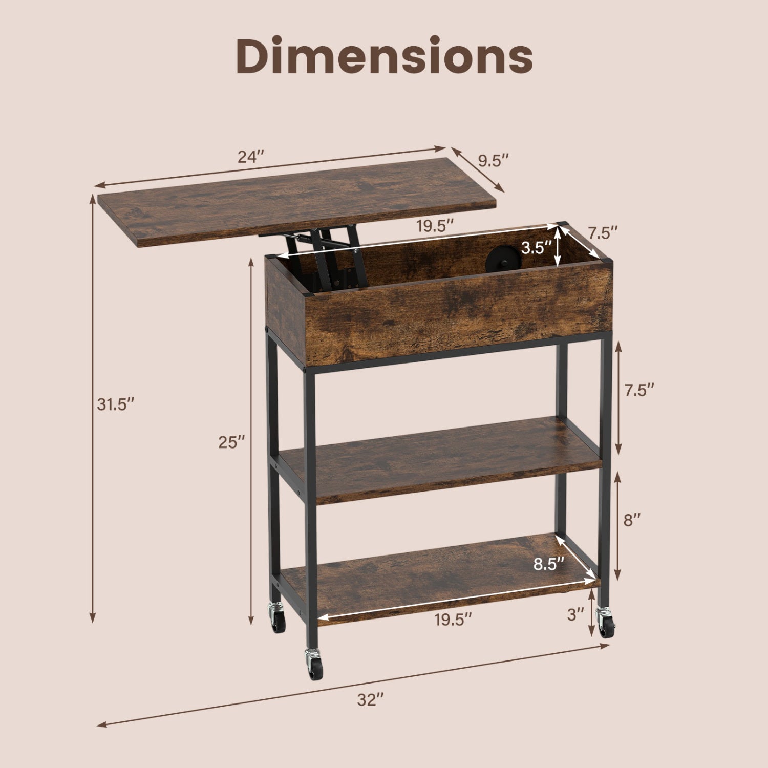 Lift Top End Table, Charging Station, Universal Wheels, Rustic Brown End & Side Tables at Gallery Canada