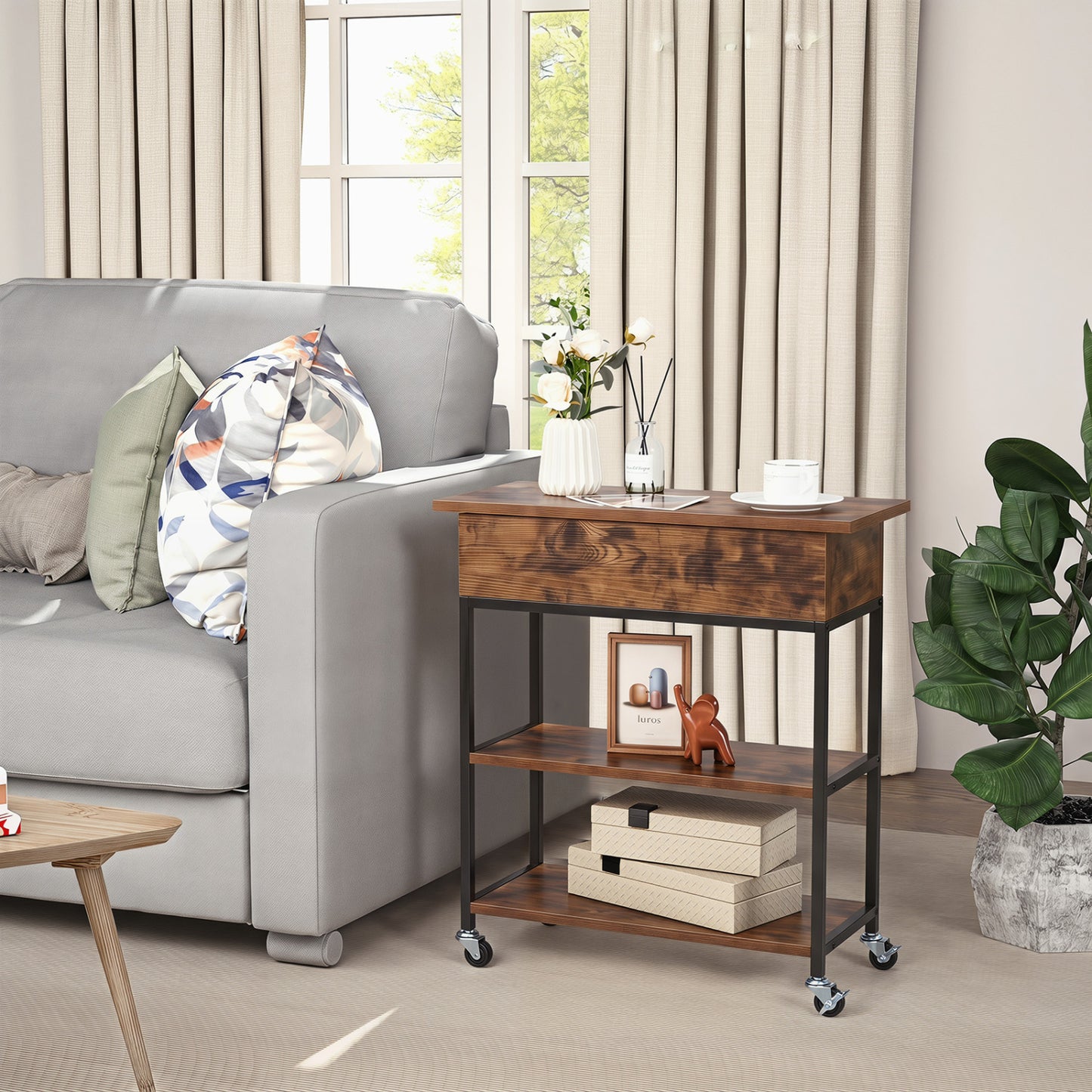 Lift Top End Table, Charging Station, Universal Wheels, Rustic Brown End & Side Tables at Gallery Canada