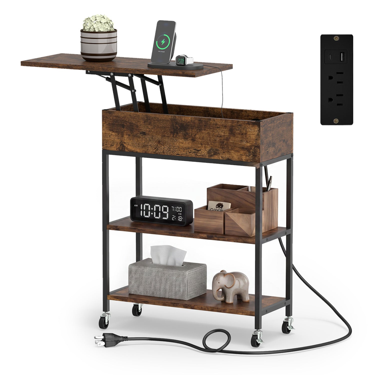 Lift Top End Table, Charging Station, Universal Wheels, Rustic Brown End & Side Tables Rustic Brown at Gallery Canada