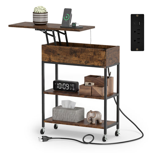 Lift Top End Table, Charging Station, Universal Wheels, Rustic Brown