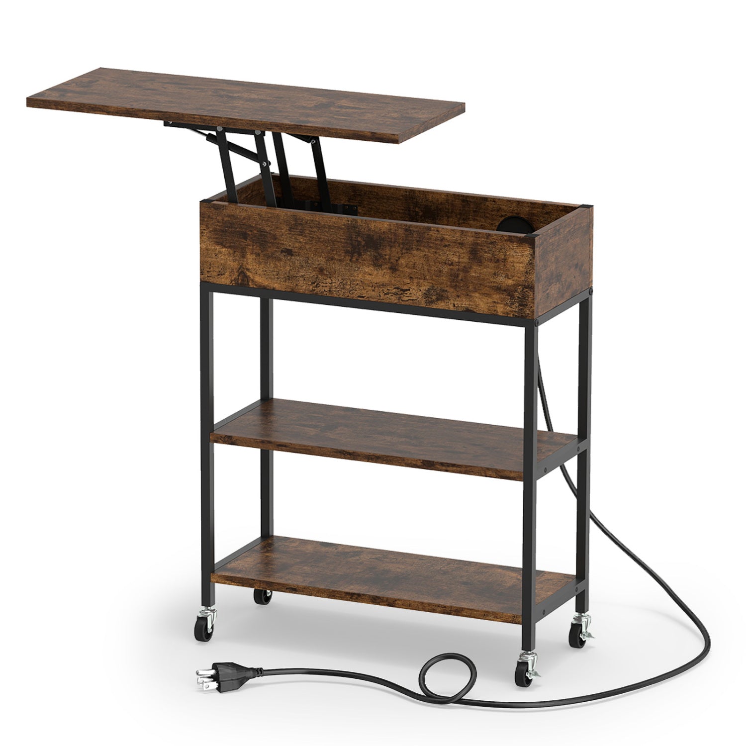 Lift Top End Table, Charging Station, Universal Wheels, Rustic Brown End & Side Tables at Gallery Canada