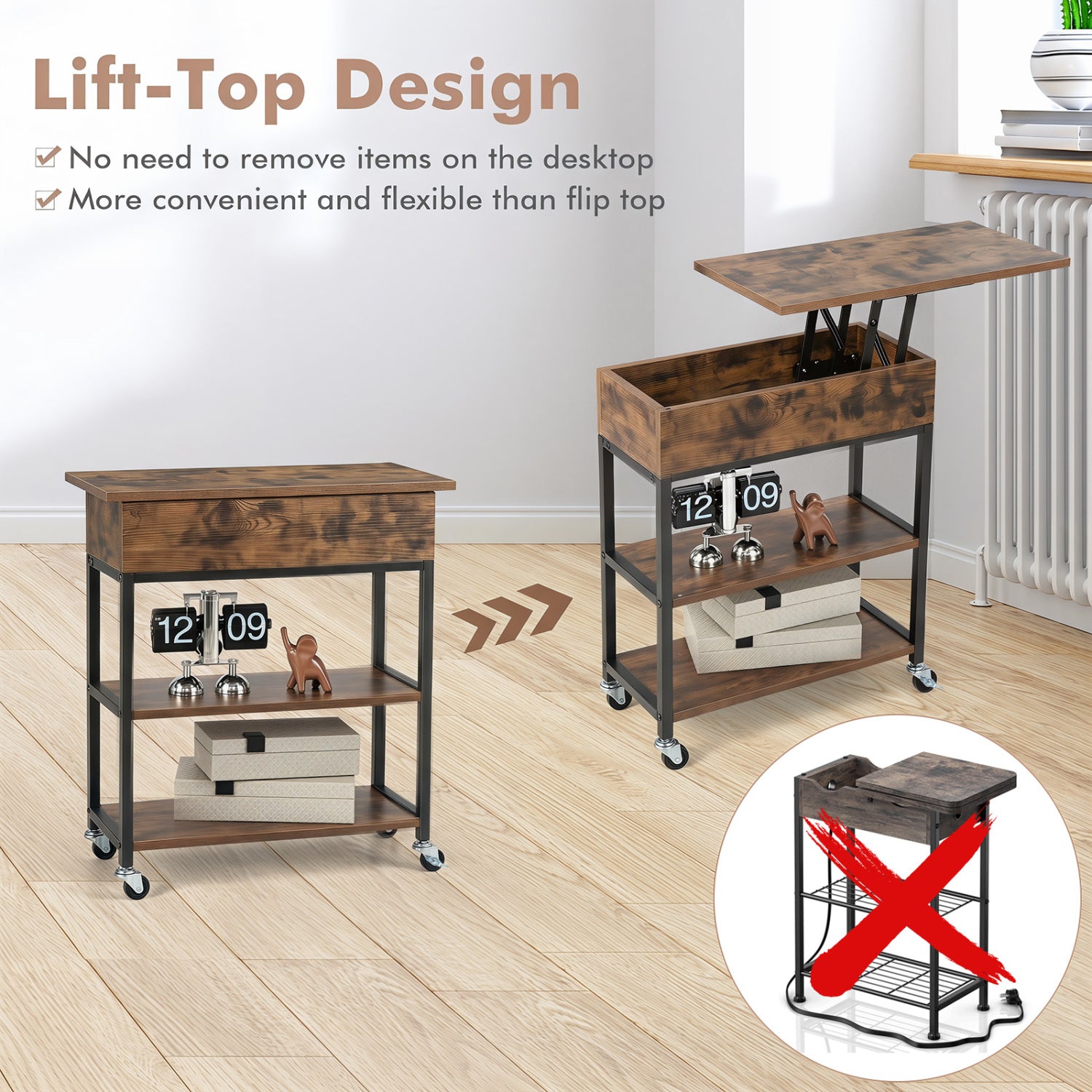 Lift Top End Table, Charging Station, Universal Wheels, Rustic Brown End & Side Tables at Gallery Canada