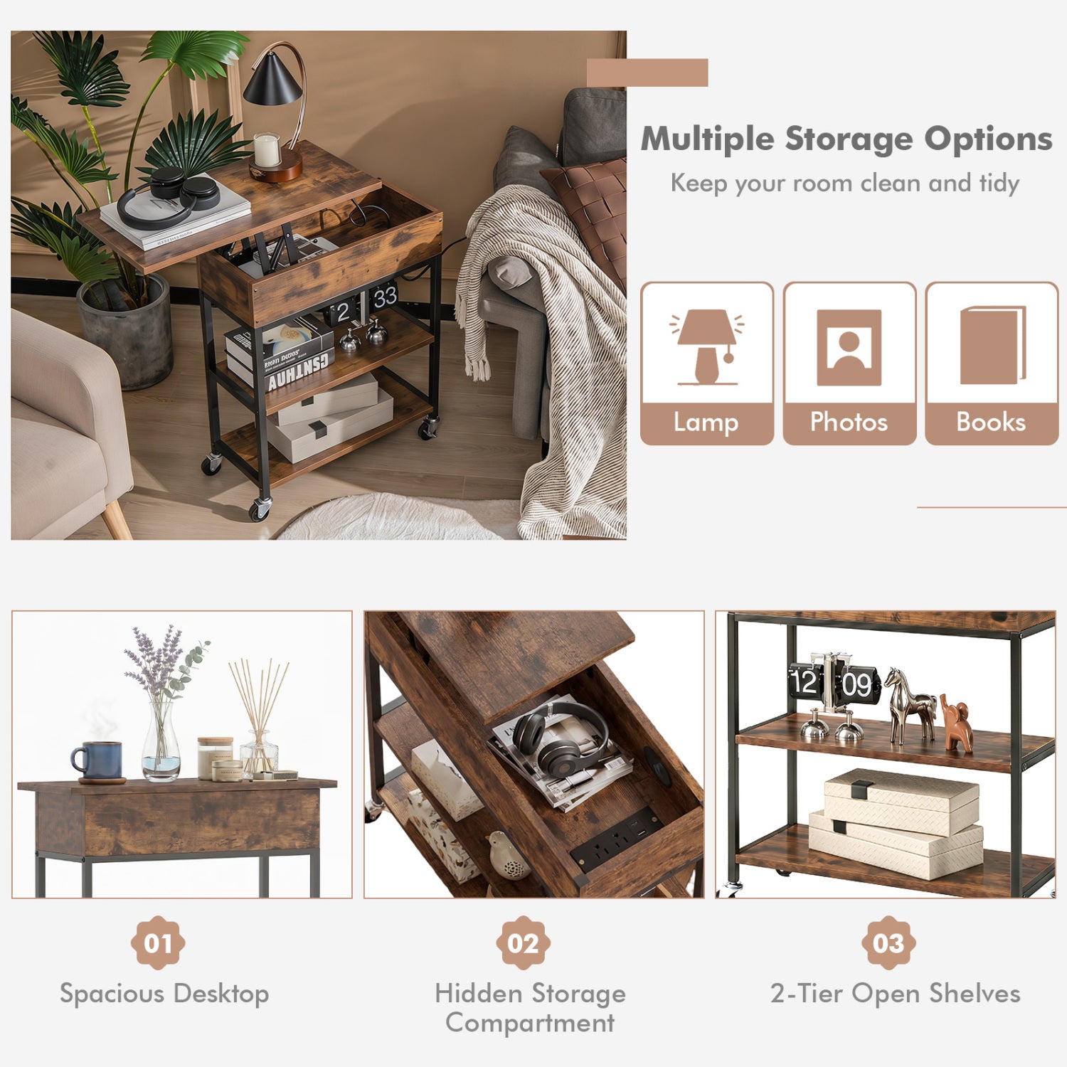 Lift Top End Table, Charging Station, Universal Wheels, Rustic Brown End & Side Tables at Gallery Canada