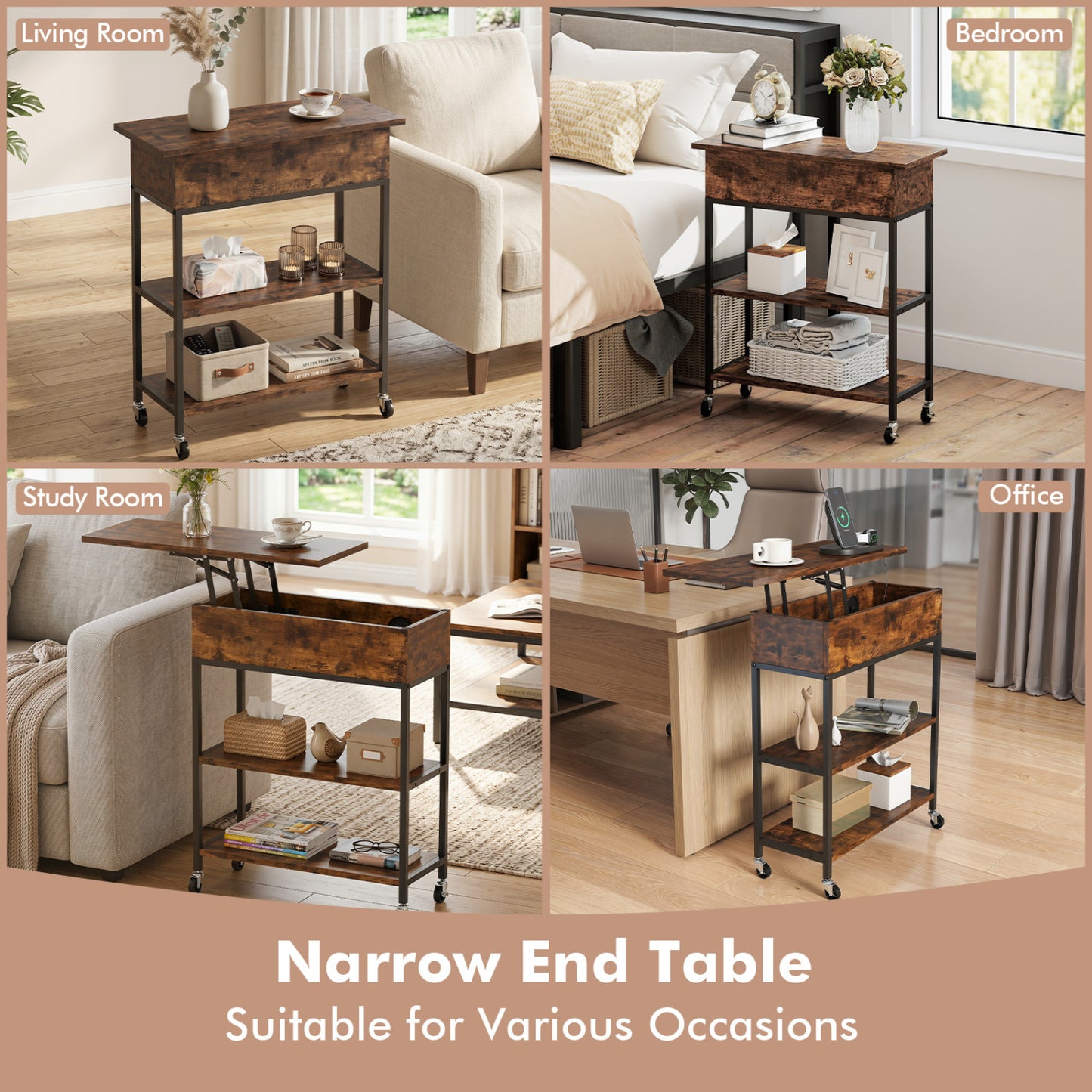 Lift Top End Table, Charging Station, Universal Wheels, Rustic Brown End & Side Tables at Gallery Canada