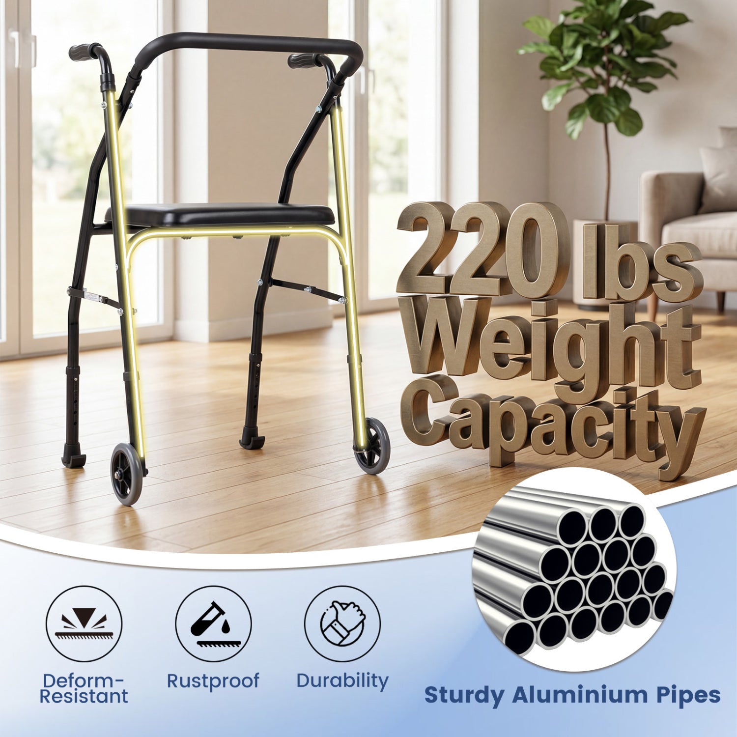 Aluminum Mobility Walker, 2 Wheels, Adjustable Height, Padded Seat, Black Walkers & Rollators at Gallery Canada