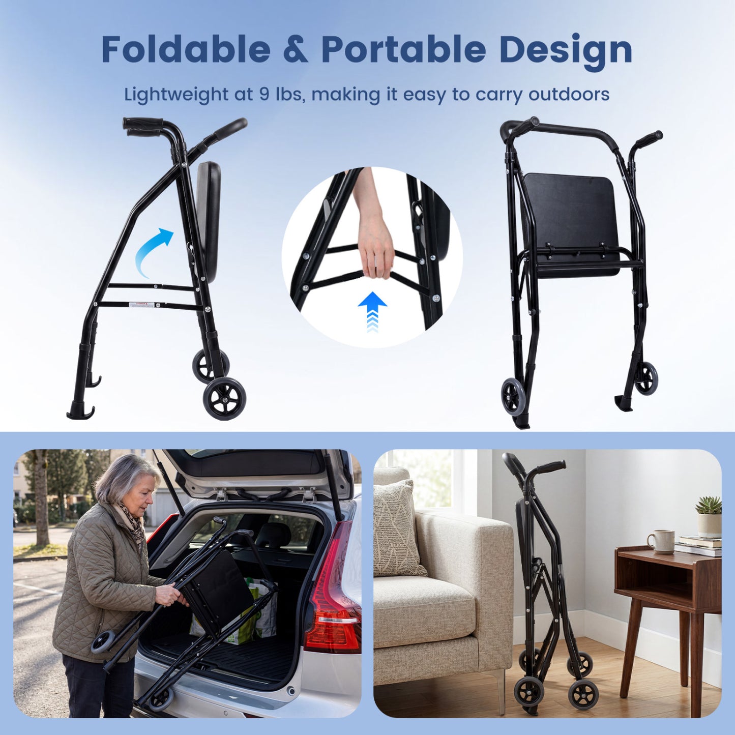 Aluminum Mobility Walker, 2 Wheels, Adjustable Height, Padded Seat, Black Walkers & Rollators at Gallery Canada