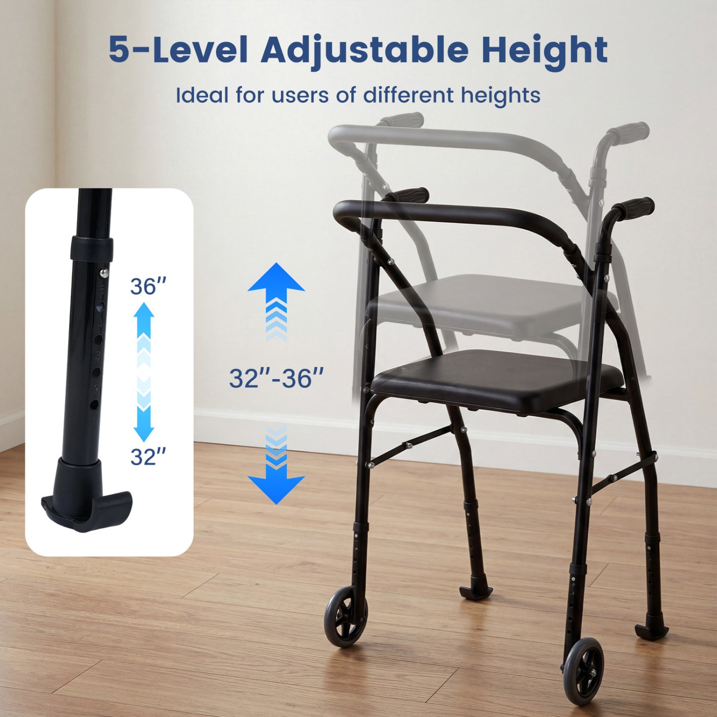 Aluminum Mobility Walker, 2 Wheels, Adjustable Height, Padded Seat, Black Walkers & Rollators at Gallery Canada