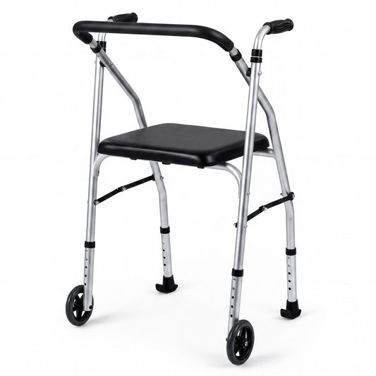 Lightweight Aluminum Walker, 2 Wheels, Adjustable Height, Padded Seat, Silver Walkers & Rollators Silver at Gallery Canada
