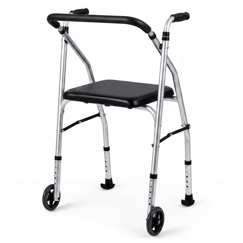 Lightweight Aluminum Walker, 2 Wheels, Adjustable Height, Padded Seat, Silver
